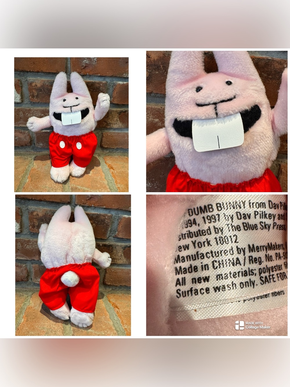 Vintage 90s The Dumb Bunnies Plush Baby Bunny Rabbit Dave Pilkey & Sue